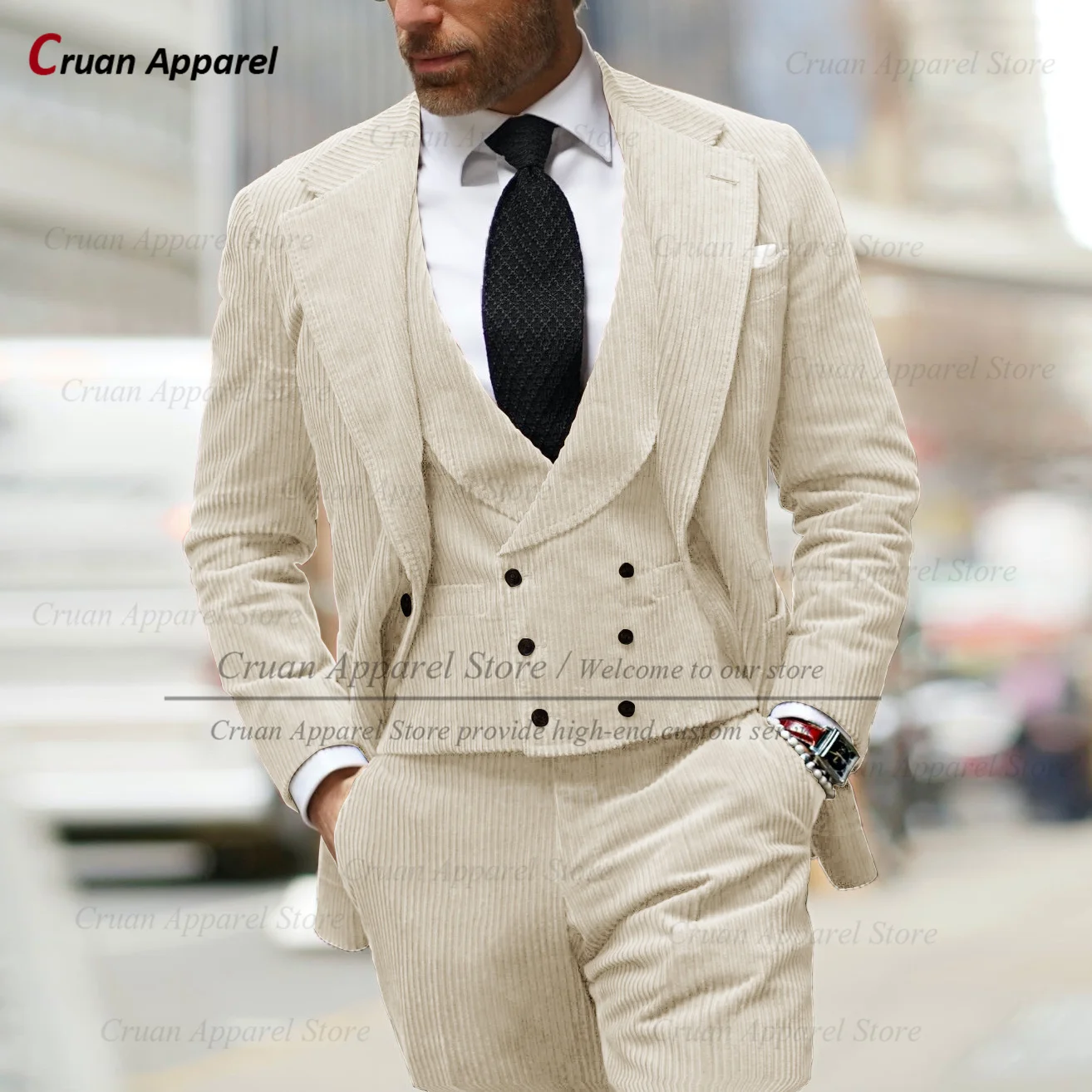 Corduroy Men Suits 3 Pieces Slim Fit Fashion Dinner Business Wedding Tuxedos Men Tailor-made Casual Blazer Vest Pants Set