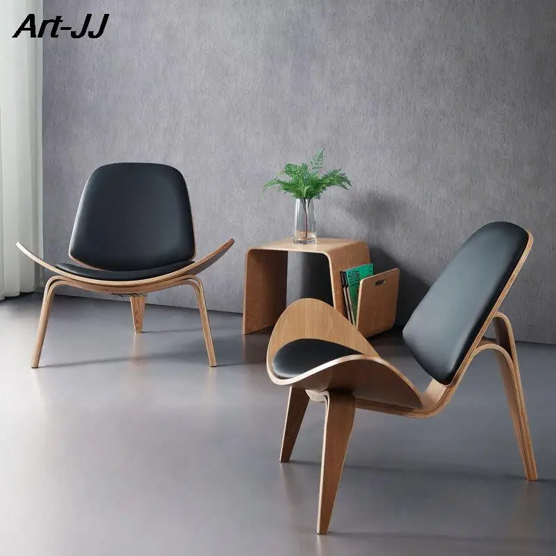 Modern Solid Wood Three Legged Shell Chair PU Leather Living Room