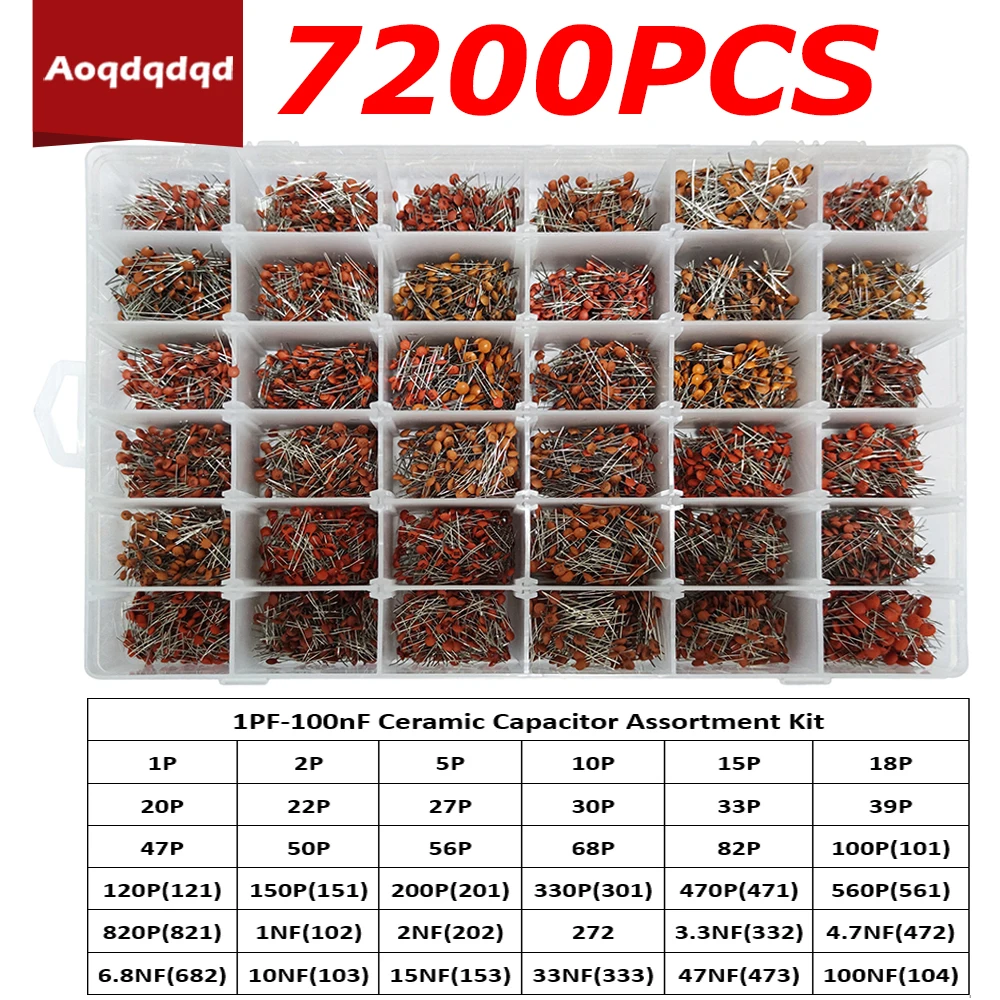 

7200PCS 36 Values 1PF-100nF Ceramic Capacitor Assortment Kit 3.3nF 4.7nF 33nF 47nF 100nF 50V 121 151 201 371 471 Capacitors Set