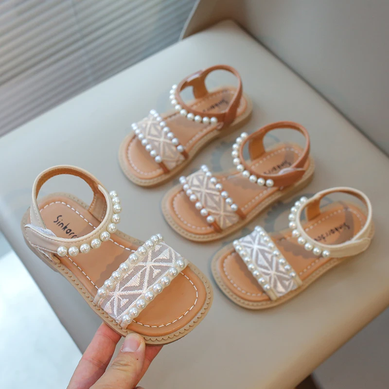 

Girls Sandals Kids Summer Shoes Children's Beach Sandals with Pearls Princess Sweet Anti-slippery Open Toes Lace Chic Beading