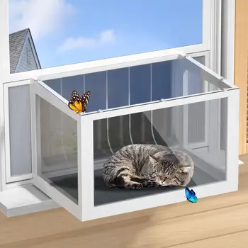 Window Box Catio, Outdoor Indoor Cat Enclosure with Clear Panels, Mesh Sides amp PVC Curtain, Universal Window Perch for Windows 1