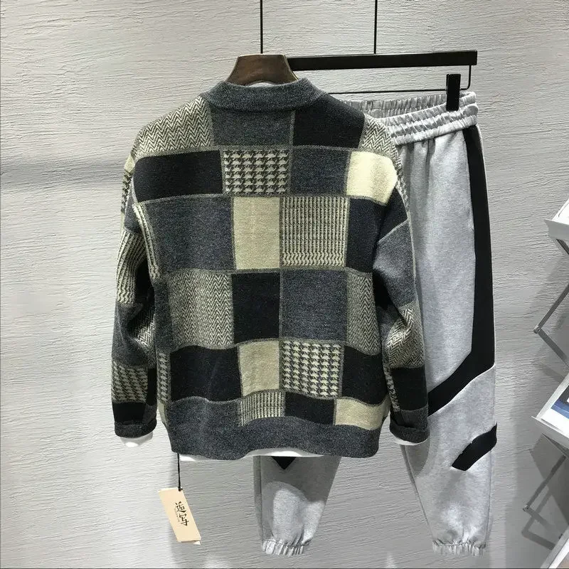 Man Collared Plaid Coat Knitted Sweaters Jacket Cardigan Thick Winter S Japanese Harajuku Fashion Over Fit knitted cardigan knitted sweater coat sweater coats