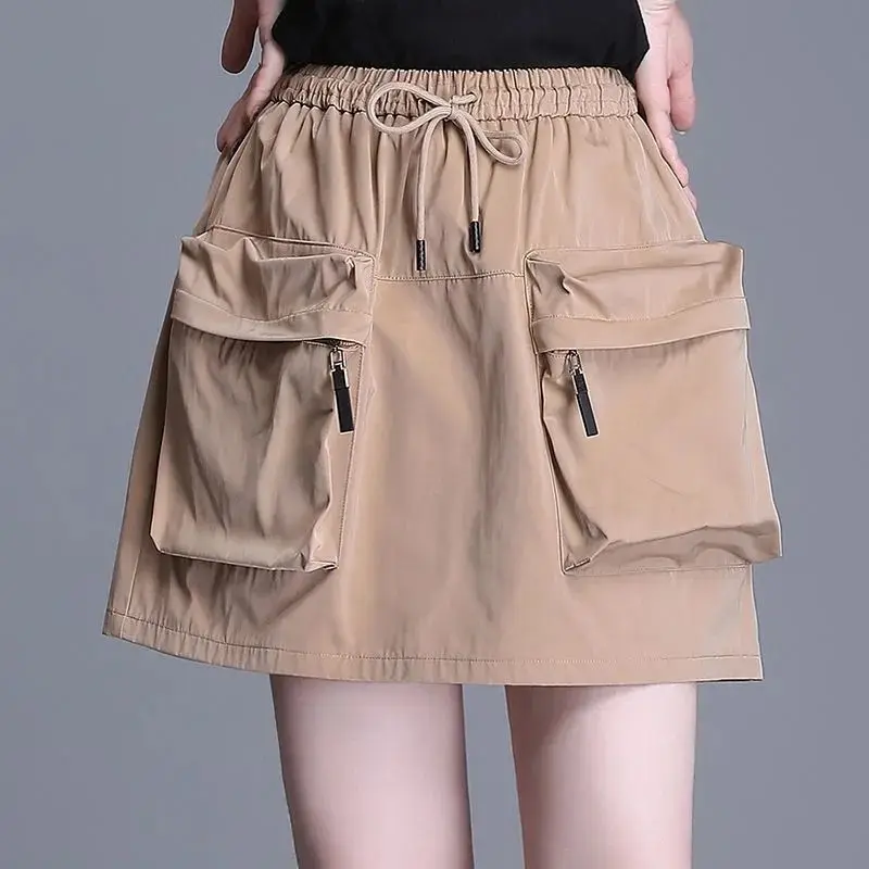 Summer New Casual High Waist Pocket Patchwork Shorts Skirts Solid Loose Lacing A-line Short Skirt Fashion Trend Women Clothing