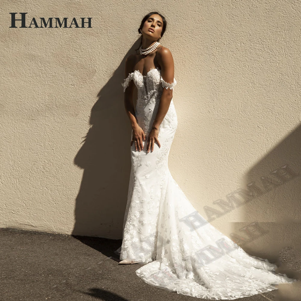 

HAMMAH Exquisite Trumpet Wedding Dresses For Mariages V Neck Appliques Zipper Off The Shoulder Court Train Robe De Mariée 2023