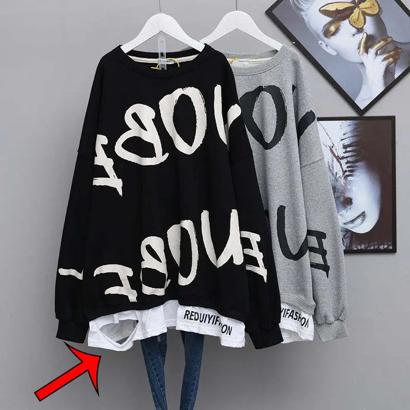 

Women's Spring Autumn Round Neck Printed Fake Two Piece Sweatshirts Bust 150cm Loose Pullover Black Gray Plus Size 4XL