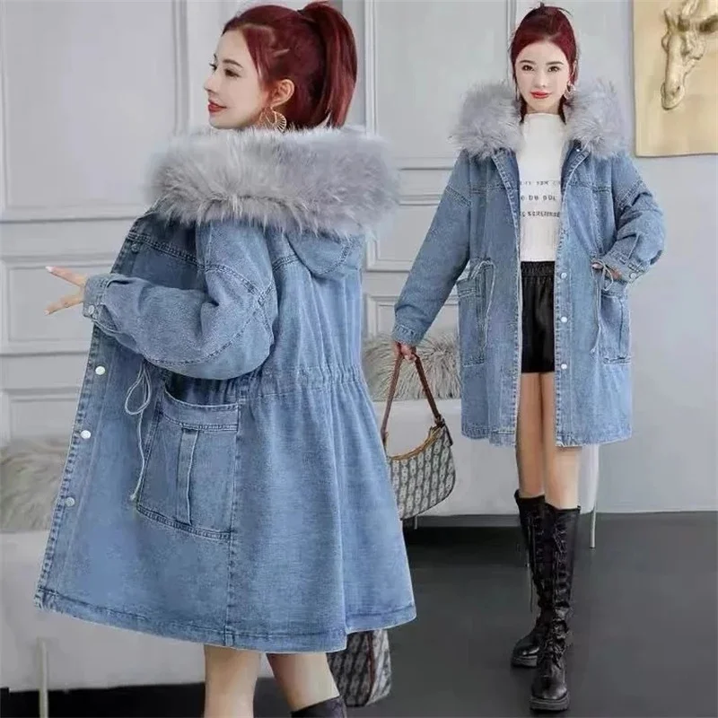 Women\'s Jeans Coat 2023 New Winter Coats Thick Wool Denim Jacket Korea Loose Hooded Fur Collar Long Clothes Outerwear Female