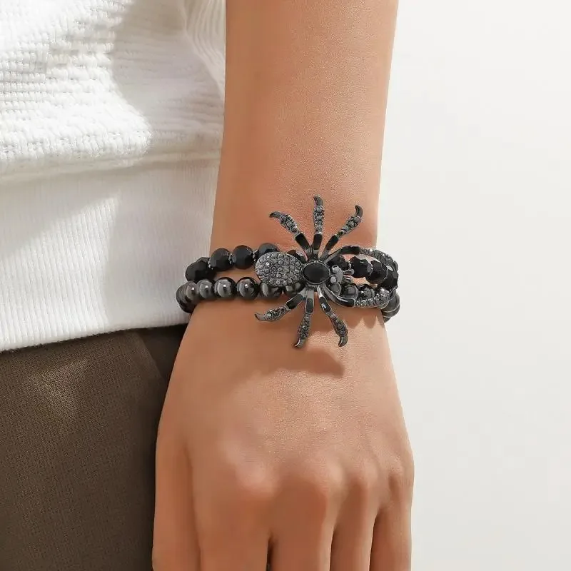 Punk Gothic Black Crystal Spider Bead Bracelet for Women Men Exaggerated Animal Handmade Halloween Party Jewelry Gift
