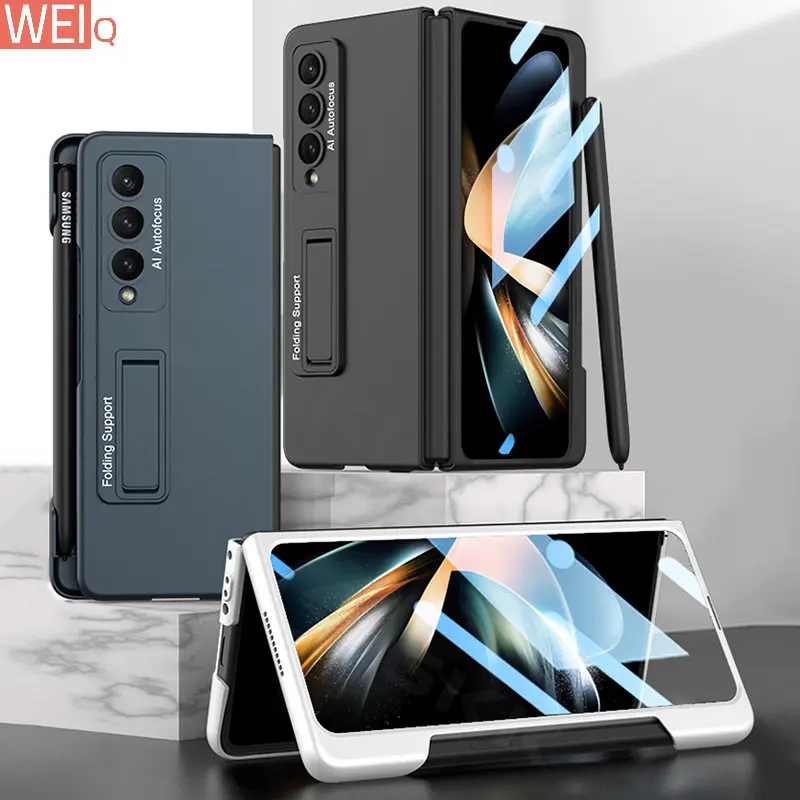 

Ultra-thin Side Pen Slot Holder Case For Samsung Galaxy Z Fold 4 5G Cover With Screen Glass Stand Hard For Galaxy Z Fold4 Case