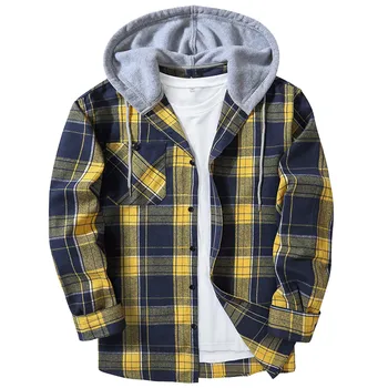 Plus Size Fake 2 Piece Men's Hooded Shirt Jacket Vintage High Street Hip Hop Casual Outwears Autumn Plus Size Button Sweatshirts 6