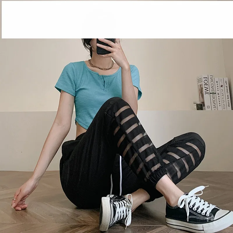 Spring Autumn Women's Solid Gauze Drawstring Pockets Elastic High Waist Casual Harlan Sports Lantern Trousers Office Lady Pants