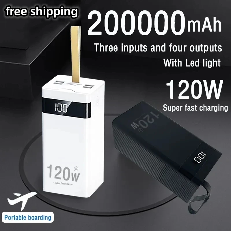 

Power Bank Mobile Power Supply 200000mAh 120W Ultra Fast Charging Intelligent Digital Display Screen, with LED Bateria Portátil