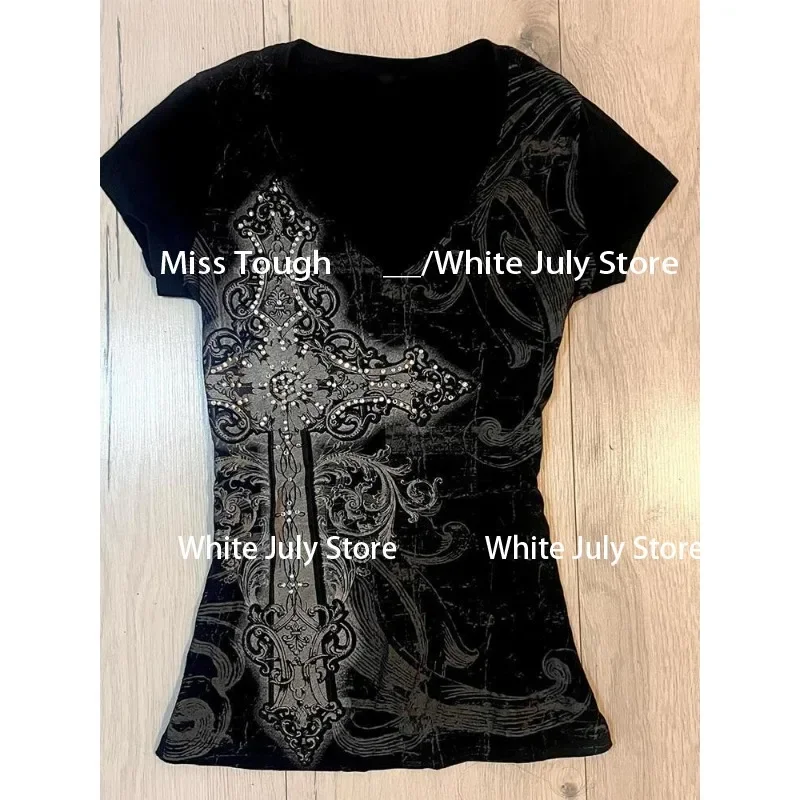 Vintage Black Gothic Punk Graphic V-Neck Hoodie Tee