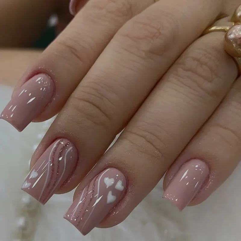 

24pcs French False Nails Pink Love Waves Design Fake Nails Square Head Press on Nail Full Cover Wearable Artificial Nail Tip