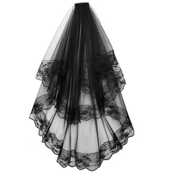 Elegant Two - Layer Lace Bridal Veil with Comb - Black & White Wedding and Cosplay Hair Accessory (Black)