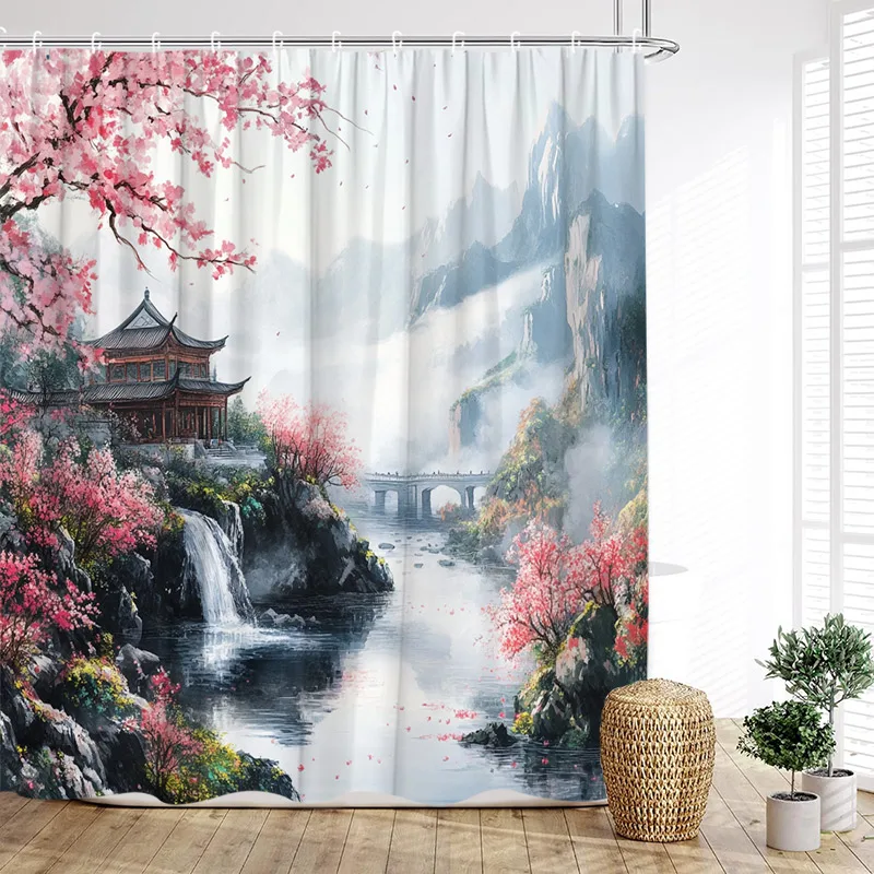 Asiatischer Duschvorhang Mit Roter Pflaumenblüte & Koi – Japanische Tintenmalerei, 178 X 178 Cm, Wasserdicht