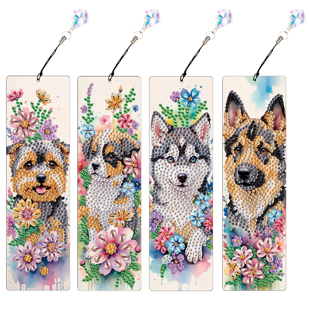 4Pcs Special Shape Flower Puppy Diamond Bookmark 5D DIY Diamond Painting Art Projects with Pendant Diamond Art Painting Kit Diamond Painting Set Diamond Painting Accessories