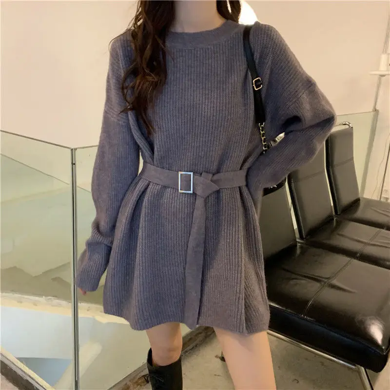 

Fashion Knitted Dress for Women 2023 Winter Autumn Casual Long Sleeve Solid Sweater Women Elegant Lace-up Long Dress with Belt