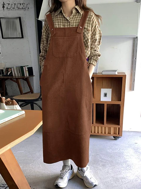 Women Sleeveless Long Dress Dungaree Solid Color Pinafore Overall Dresses  Palazzo