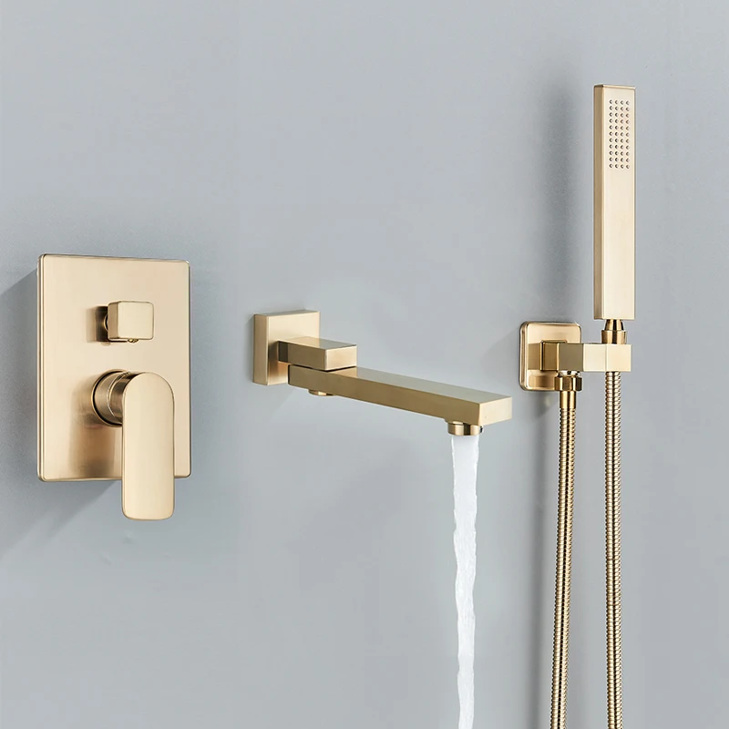 Description Picture 3 of itemBrushed Gold Bathtub Shower Faucet Rotate Tub Spout Shower 2-way Embedded Box Brass Handheld Shower Hot Cold Water Bath Shower