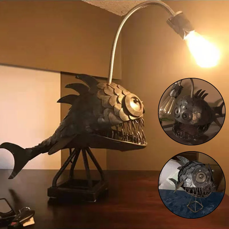 

Retro Art Table Lantern Fish Creative Shark Desktop Night Light USB Metal Lantern Table Decoration Bedroom Home Decoration Gifts