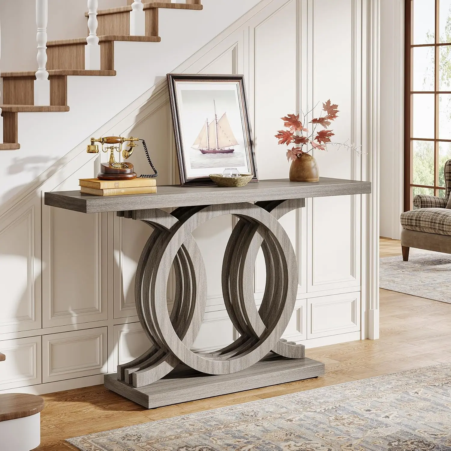 55-Inch Console Table with Geometric Wood Base,Modern Entryway Table with Thick Tabletop for Living Room, Hallway, Foyer (Gray)