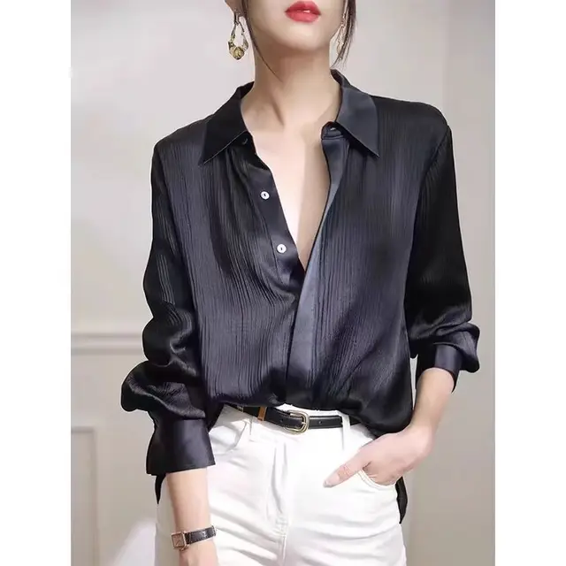 Women’s Spring Black Satin Blouse – Loose Long Sleeve Office Shirt