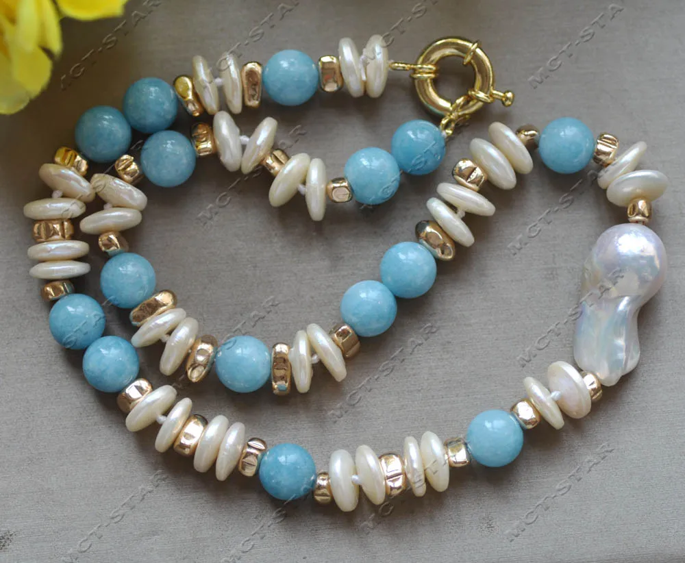 

MTC·STAR Z12945 18'' 26mm Blue Aquamarin White Keshi Coin Pearl Necklace