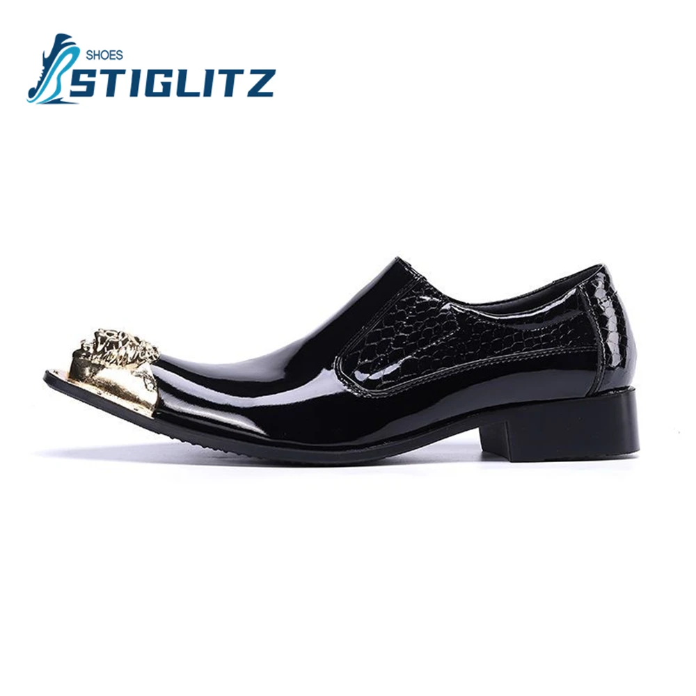 Point Metal Toe Patent Leather Chelseas Square Heel Slip On Mules Men's High Quality Casual Shoes Genuine Leather Formal Shoes
