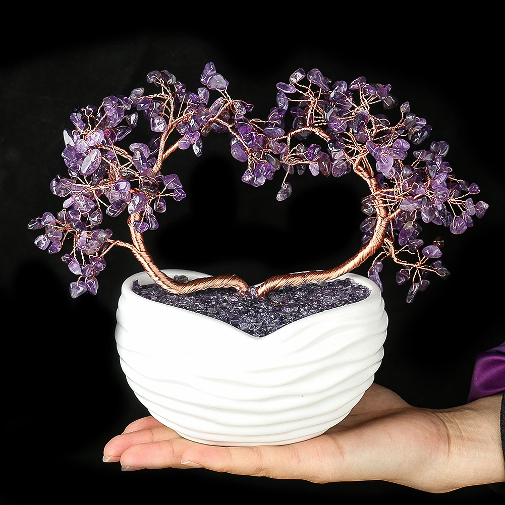 Natürlicher Amethyst-Stein, Kies, Aluminiumdraht, Wundschnur, herzförmiger Baum, Keramik, Liebesbasis, Ornament, Bürodekoration, Zubehör