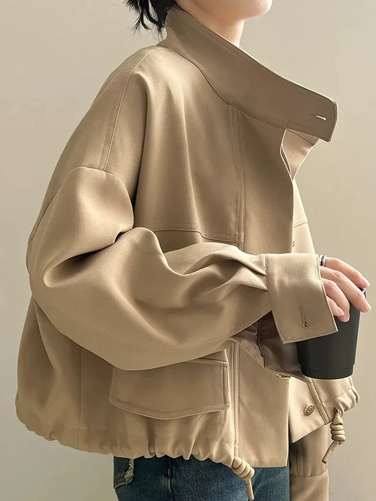 

Harajuku Bf Streetwear Cargo Jacket Women Retro Loose Long Sleeve Casual Female Coat American Vintage Solid Turtleneck Fall Tops