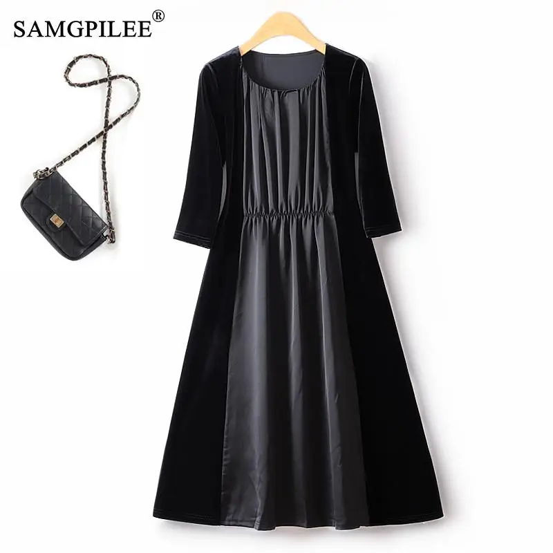 european-station-dresses-for-women-2023-autumn-thin-elastic-waist-fake-two-piece-o-neck-drape-velvet-hepburn-style-female-dress