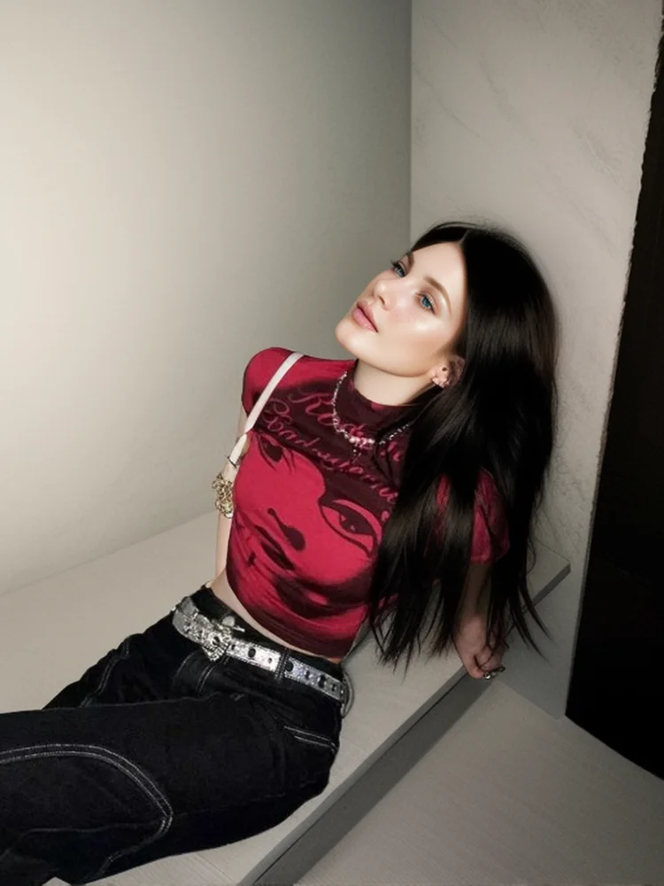 Aesthetic Short Sleeve T-shirt Summer Y2k Clothes Gothic Girl Crop Tops Print Vintage Women Casual Baby Tee Streetwear