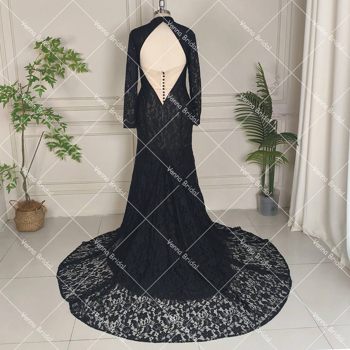 Long Sleeves High Collar Black Lace Open Back Mermaid Wedding Gowns Fitted  Elegant Buttons Modest Customized Bridal Dress - AliExpress 320
