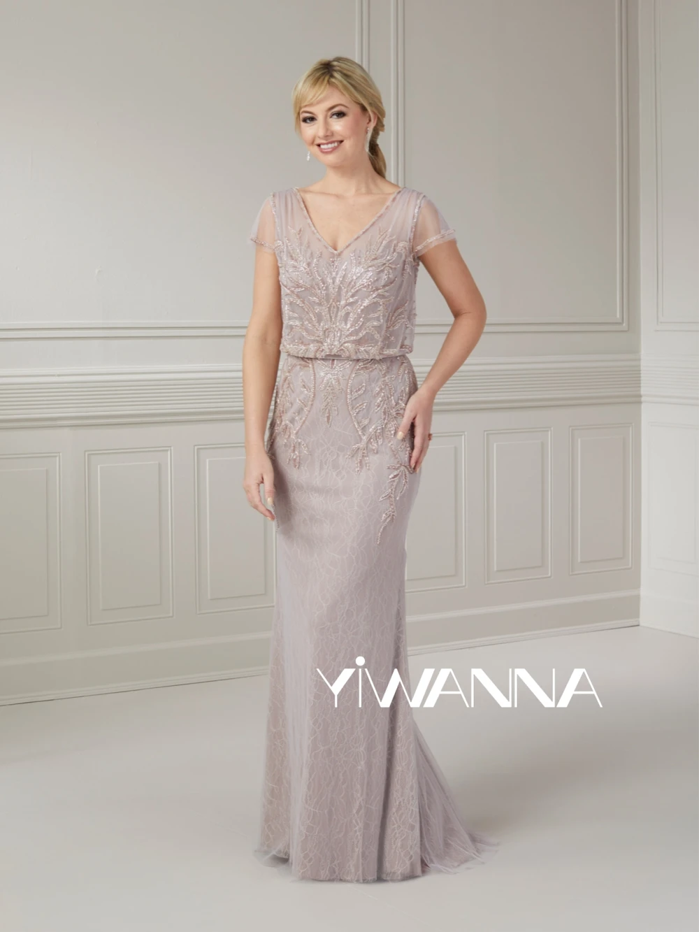 

2024 V-neck Short Sleeve Mother Of The Bride Dress For Wedding Sparkly Sequins Beads Prom Dress Graceful Lace Long Evening Gown