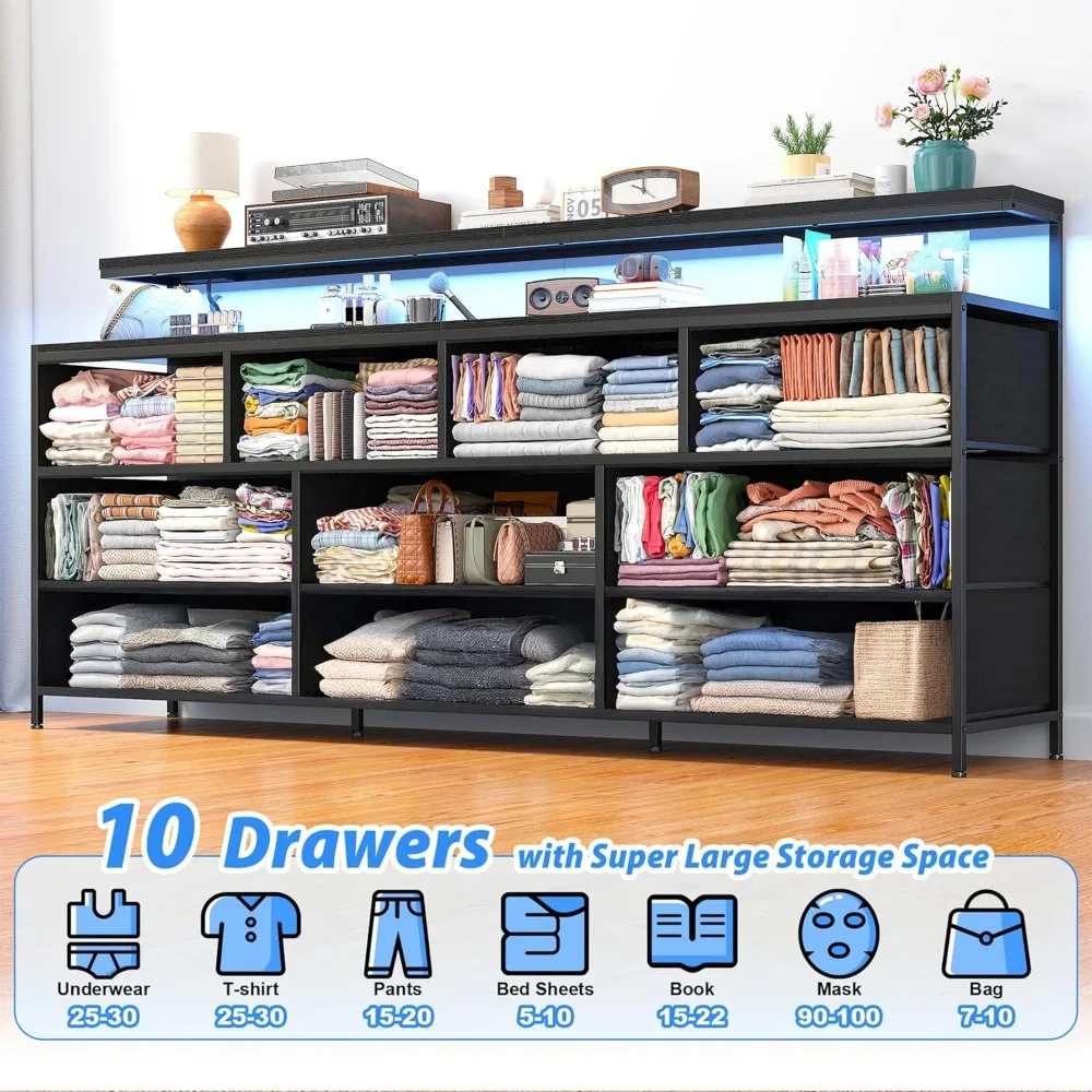 55" W Dresser for Bedroom with 10 Drawers Long Dresser with LED Lights & Power Outlets Wide Dressers Bedroom Dresser Metal Frame 4