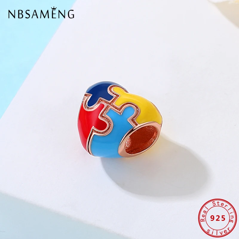 100% 925 Sterling Silver Charms Autism Awareness Puzzle Heart Beads Rose Gold Fit Pan Bracelets Necklaces Women DIY Jewelry 3