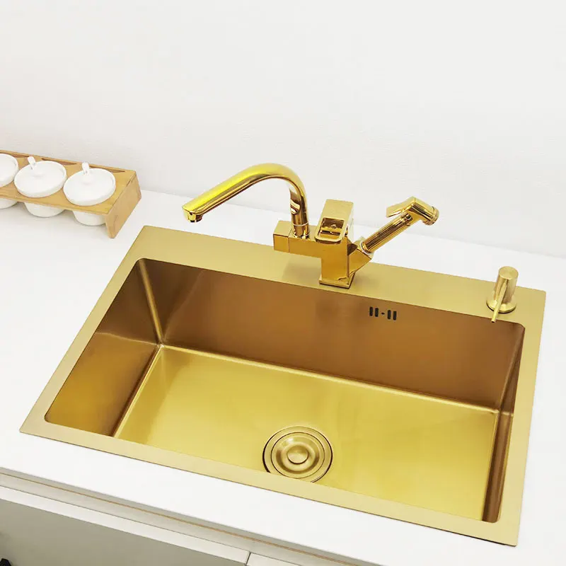 Gold kitchen sink Single Sink Bowl SUS304 Stainless Steel Kitchen Towel Basket Strainer Golden  Washing Basin Kitchen Sinks 3
