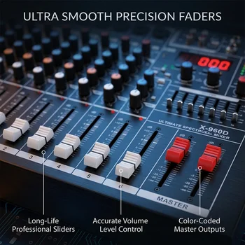 X-960D 8-channel Handheld Portable Audio Mixer, Supporting Dual 450W Passive Speaker Amplifier Output Console, 99 DSP Effects, 7-segment Equalizer, Fan Cooling Bluetooth DJ Mixing Console 3