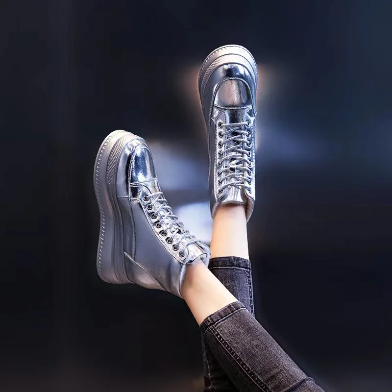 

New High Top Fashion Shiny Leather Casual Shoes Women's Genuine Leather Inner Heightening Korean Versatile Matsuke Shoes