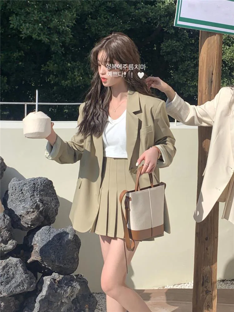 Korean Fashion Solid Two-piece Skirt Set Women Single Breasted Blazer Coat + Pleated Mini Skirt Autumn Office Lady Casual Suits