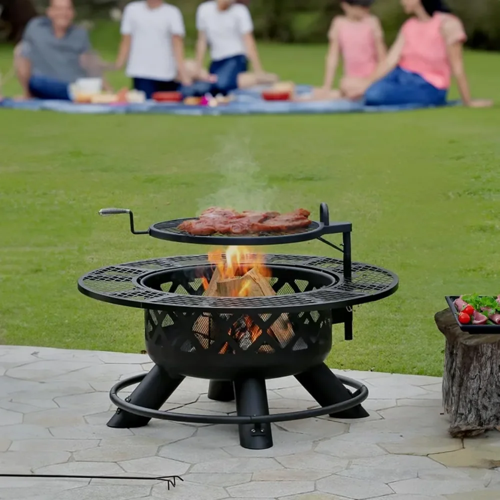 47" Steel Ranch Wood Burning Fire Pit Round Outdoor Fireplace with Adjustable Grill Top, Safety Ring, and Cooking Grate, Black
