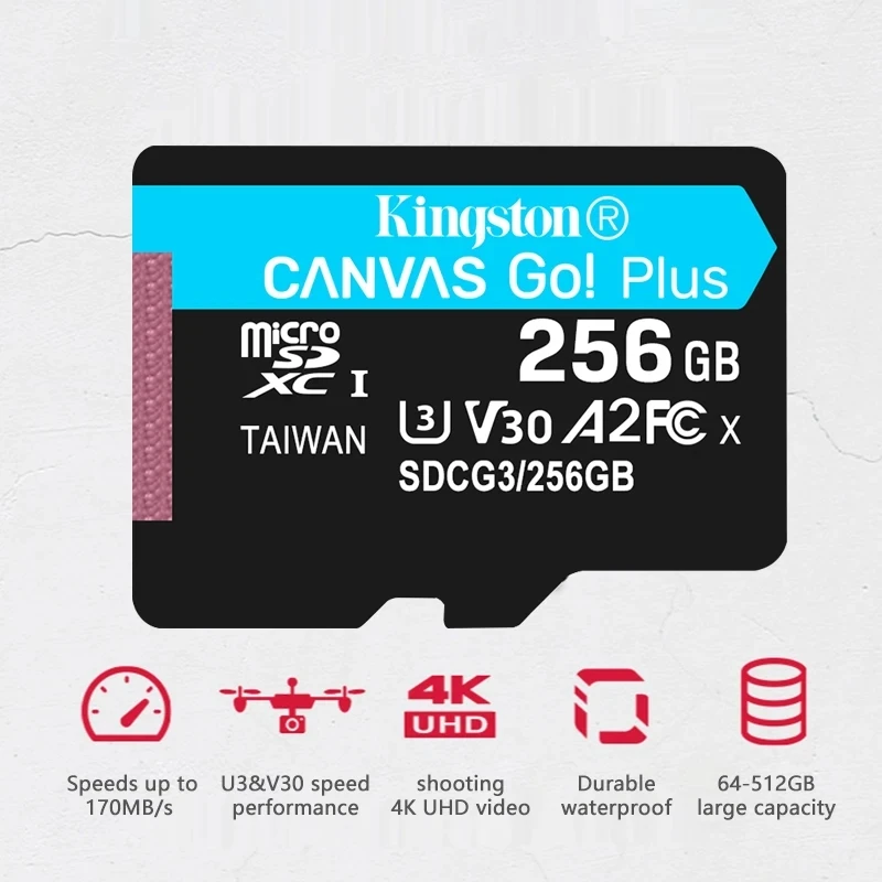 킹스턴 캔버스 고 플러스 마이크로 SD 카드, 스마트폰용 고속 4K 메모리 카드, 64GB, 128GB, 256GB, 512GB, UHS-1 A2