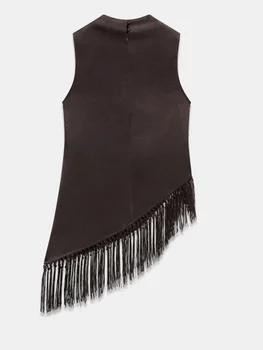 Women's Summer Tassel Hem Vest Brown Sleeveless Solid Color High Neck Long Tank Tops 1