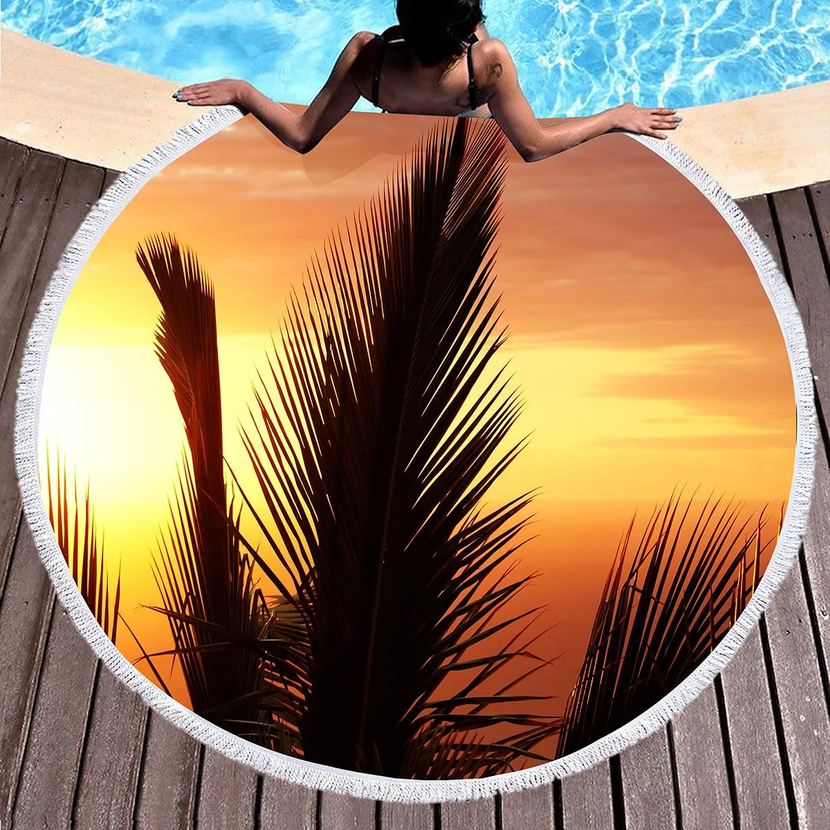 Palm Leaf Round Beach Towel,Superfine Polyester Sand Resistant Beach Blanket,Absorbent Quick Dry Pool Towel Portable Picnic Mat 4