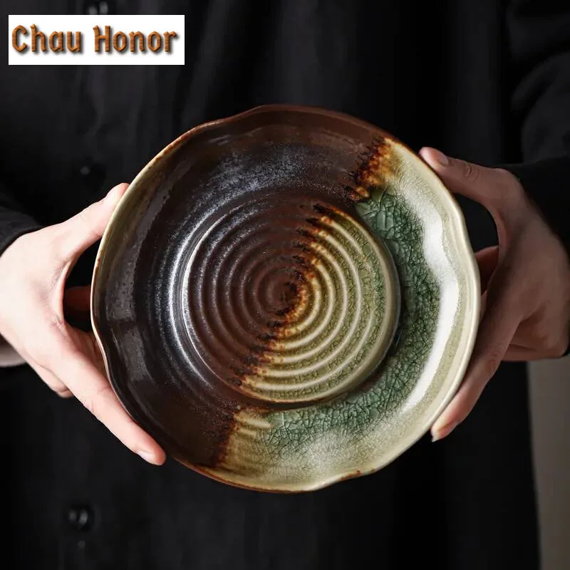 Handmade Wood Burn Pot Bearing Ice Cracked Dry Brewing Table Japanese Retro Round Ceramic Kung Fu Tea Set Water Storage Pot Tray