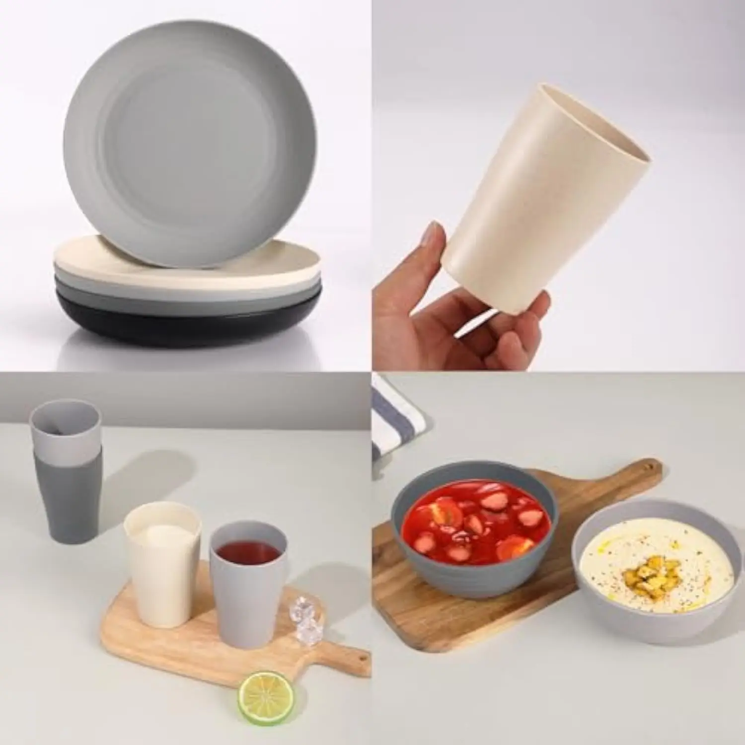 Wheat Straw Dinnerware Sets, 32Pcs Plastic Plates and Bowls Sets for 8, Unbreakable Reusable Wheat Straw Bowls Plates Cups Dishe