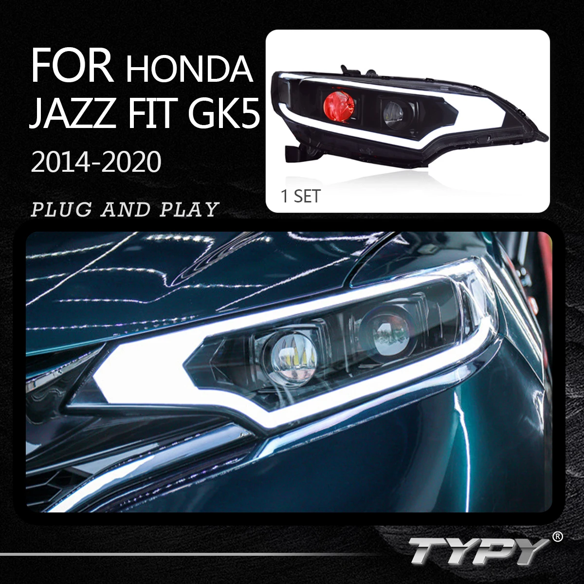 

Car Headlights Headlamp Assembly Modified LED Head Lamp DRL Angel Eye For HONDA Jazz Fit GK5 2014-2020