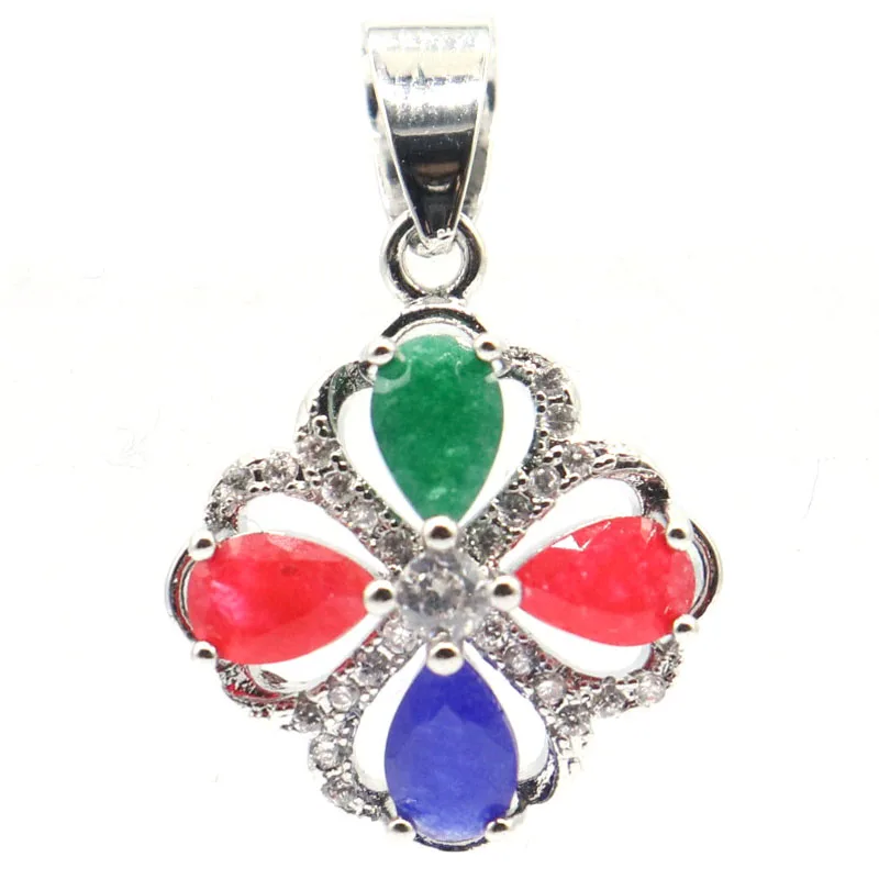 

27x17mm Multi Color Real Green Emerald Real Red Ruby Real Blue Sapphire White CZ Women Silver Pendant