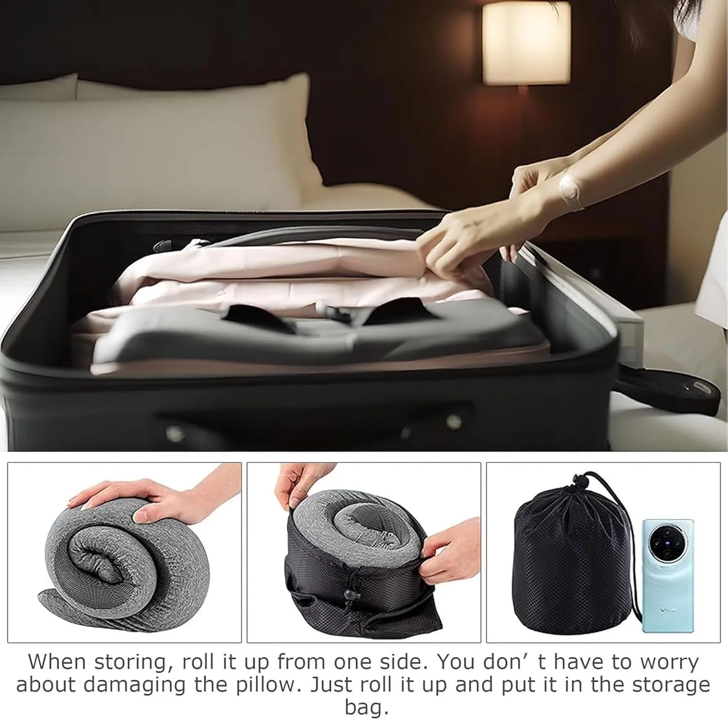 Ergonomic Memory Foam Travel Neck Pillow with 360° Support & Portable Storage Bag