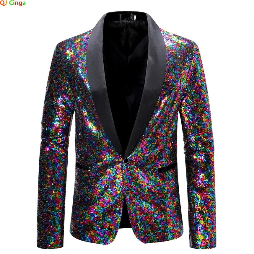 Colorful Glitter Sequins Decoration Black Collar Blazer Men\'s Wedding Party Dress Coats Blue Male Suit Jacket S M L XL XXL